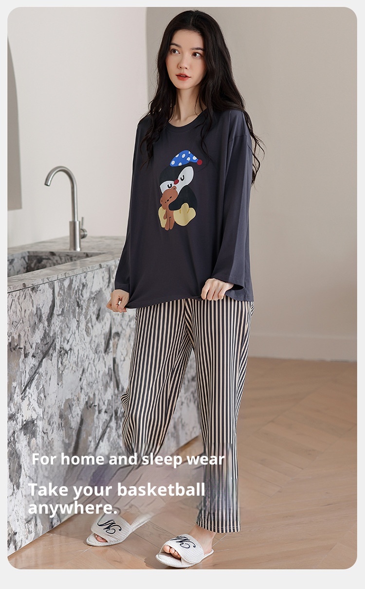 ChicShe Pyjama aus 100 % Baumwolle für Damen, Frühjahr/Herbst 2025: Neues, lässiges und lockeres Set mit Cartoon-Ärmeln, langen Hosen und Streifenmuster._voghion.com