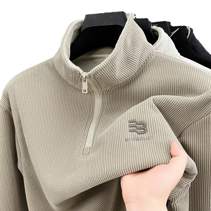 boy Boy Boy 2025 Neues Herren-Langarmshirt mit halbem Reißverschluss, sandfarbenem Kragen und Sweashir-Oberteil, warm gefüttert, für Frühling und Herbst_voghion.com