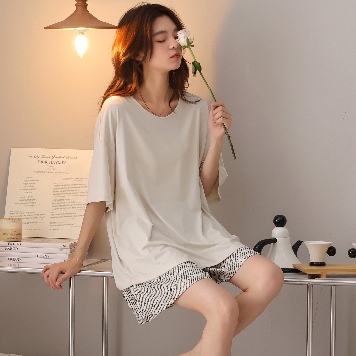 ChicShe New Chest Pad Pajamas For Women, Pure Cotton Short Sleeve Comfortable Cute Pajamas, Summer Internet Celebrity Homewear_voghion.com