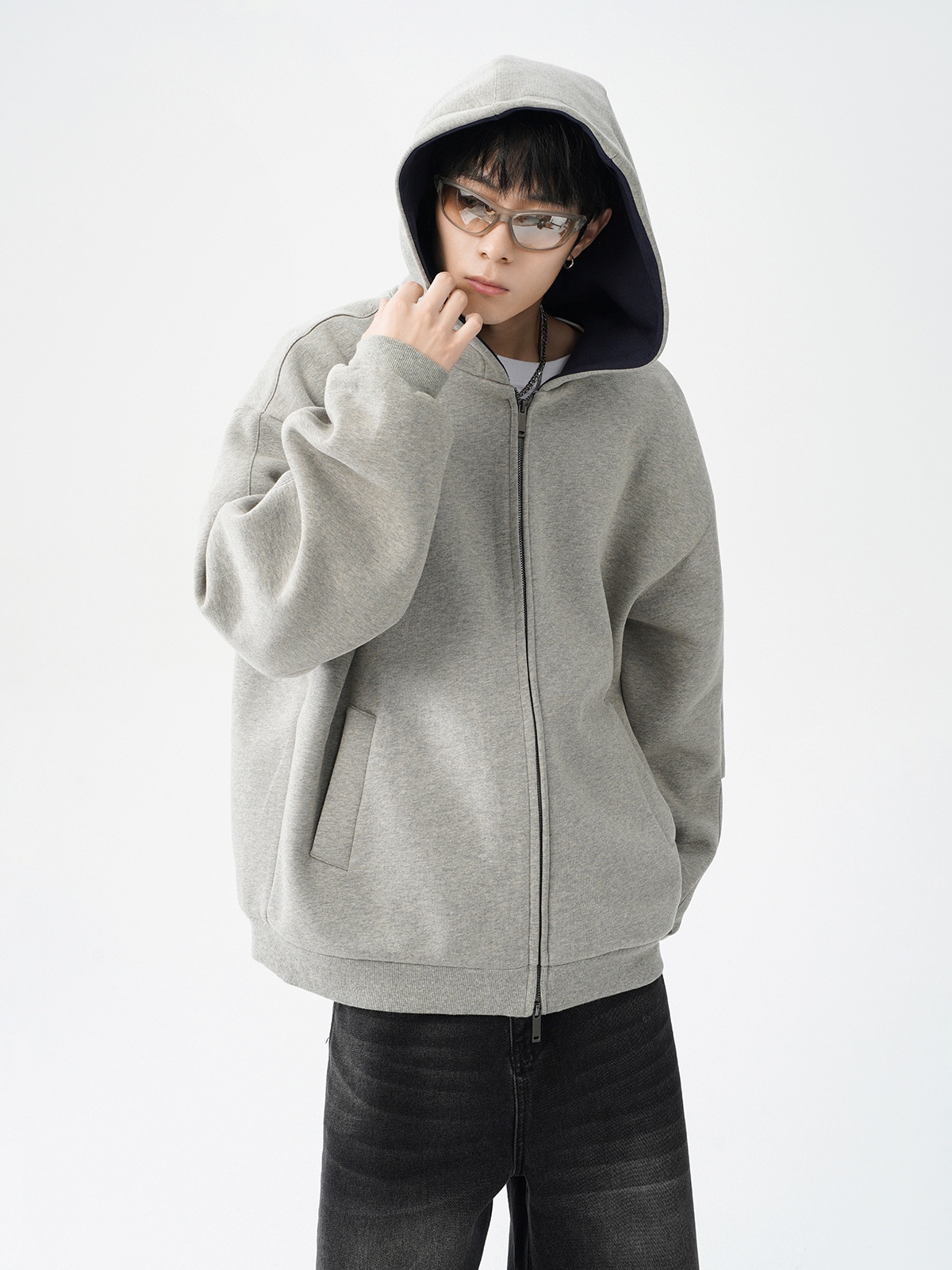 boy Boy Double Zipper Heavyweight Cardigan Sweatshirt Men's Trendy Loose Casual Stiff Color-Block American Retro Hoodie Jacket_voghion.com