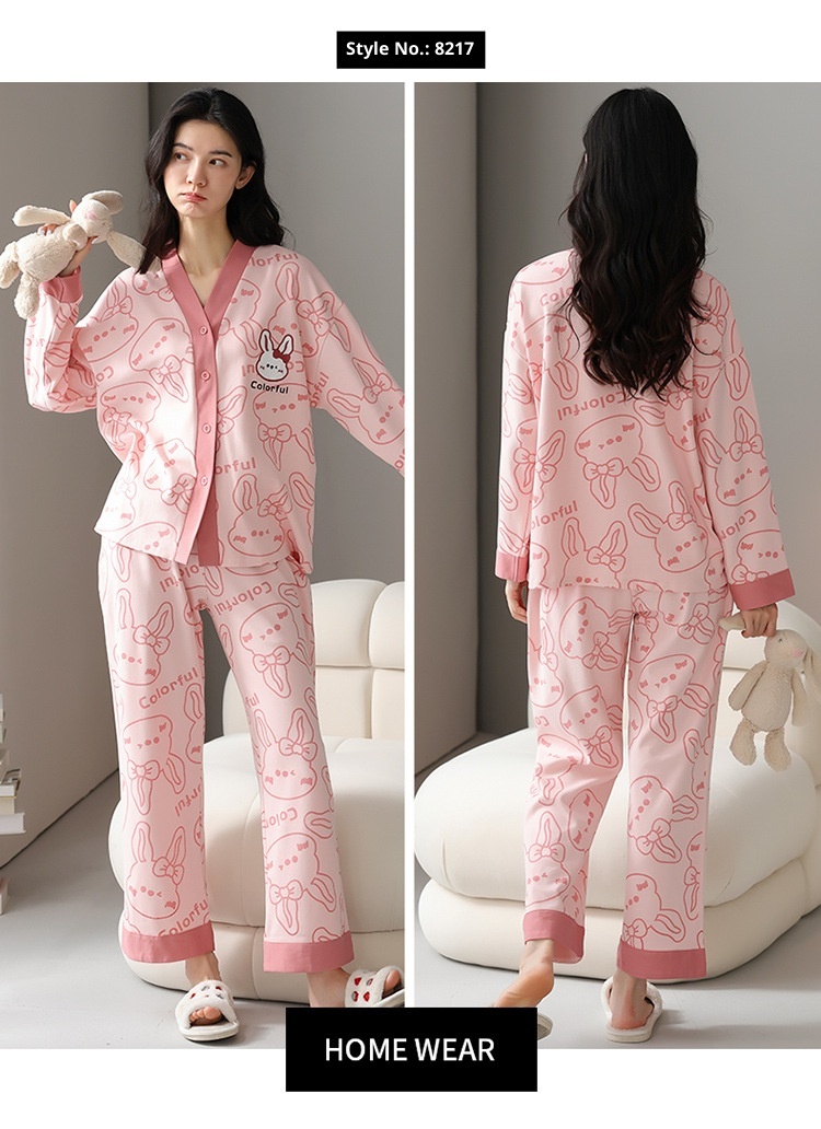 ChicShe Women's Pajamas Autumn 2023 New Pure Cotton Long Sleeve High-end Korean Style Casual Loose Double-sided Kimono Set_voghion.com