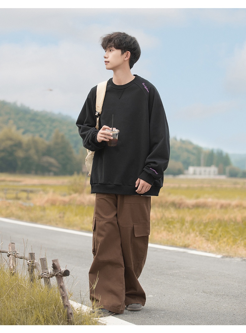 boy Boy Boy Heavyweight 400G Spliced Raglan Sleeve Crew Neck Sweatshirt Men Spring New American Style Letter Embroidery Casual_voghion.com