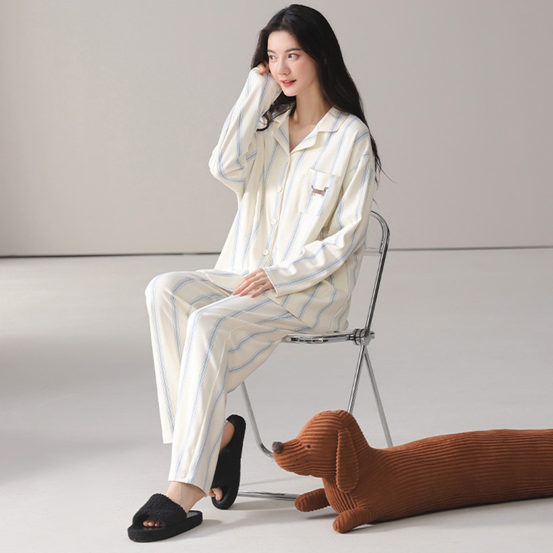ChicShe 2025 Spring And Autumn Simple Casual Pure Cotton Women's Pajamas Sleeve Long Pants Cardigan Style Breathable Comfortable_voghion.com
