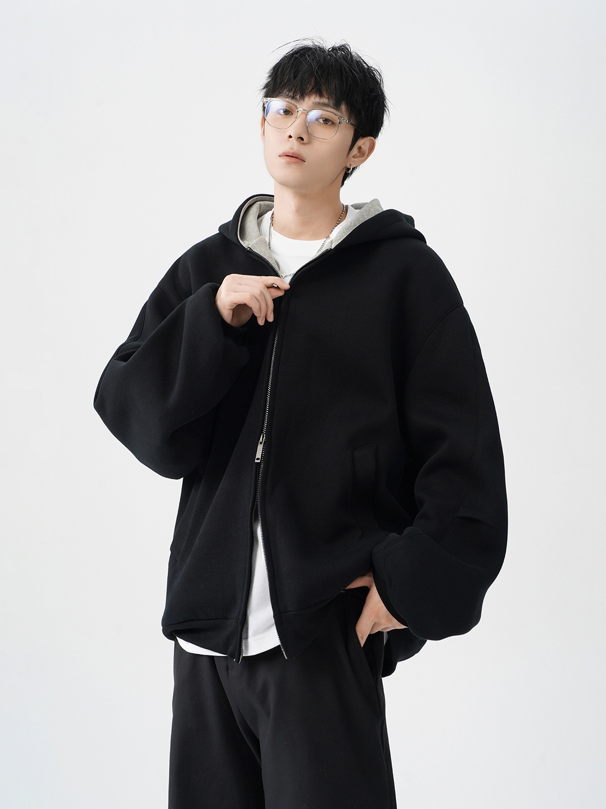 Herren-Cardigan mit doppeltem Reißverschluss, schweres Material, trendig, locker, lässig, steif, farblich abgesetzt, amerikanischer Retro-Hoodie_voghion.com