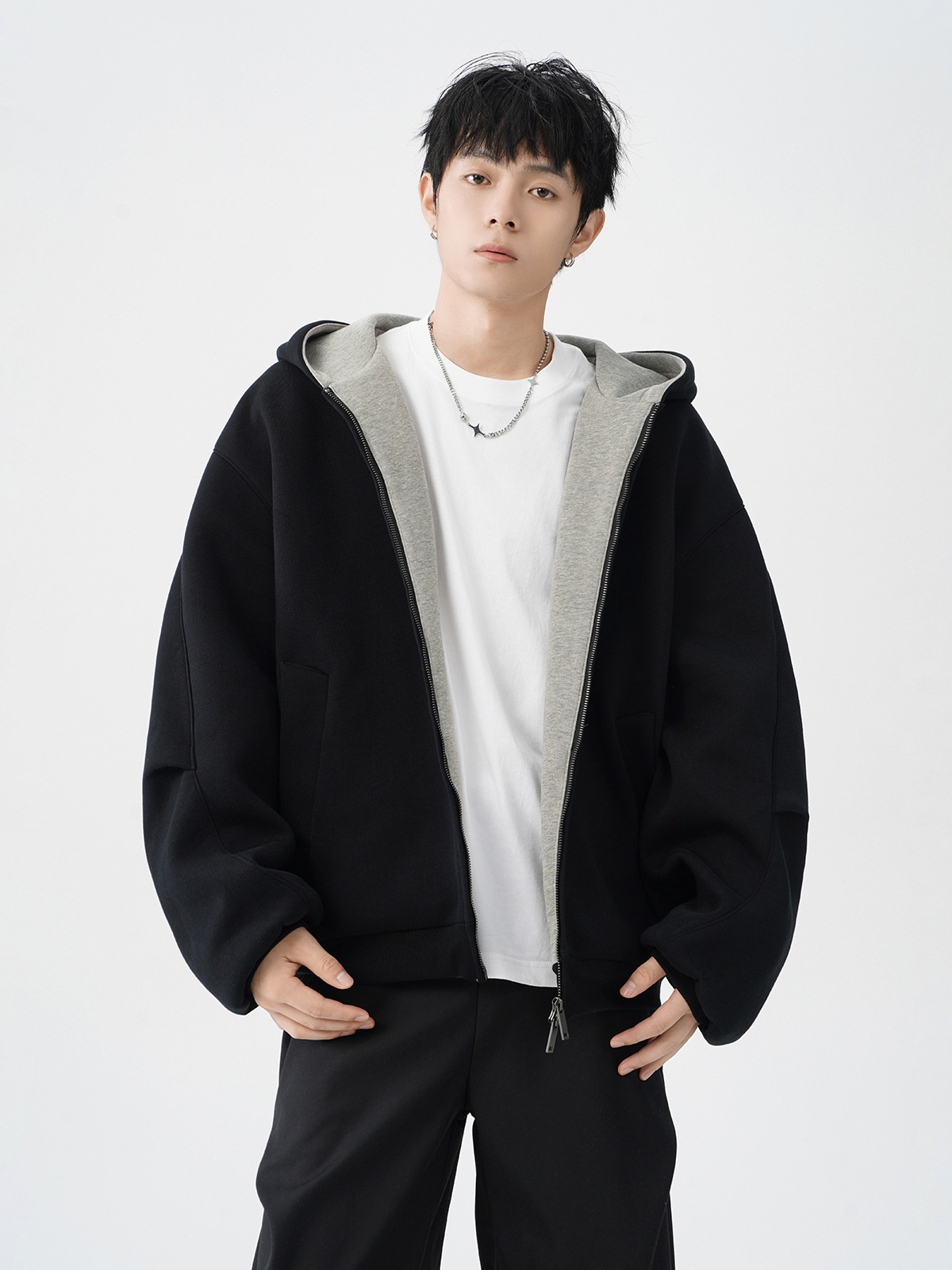 Herren-Cardigan mit doppeltem Reißverschluss, schweres Material, trendig, locker, lässig, steif, farblich abgesetzt, amerikanischer Retro-Hoodie_voghion.com