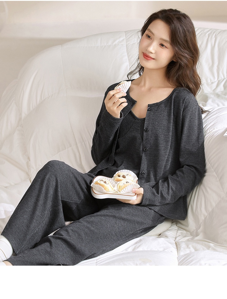 ChicShe Round Shell Three-Piece Pajamas For Women, Spring And Autumn, Pure Cotton, Long Sleeve, Camisole With Chest Pad,_voghion.com