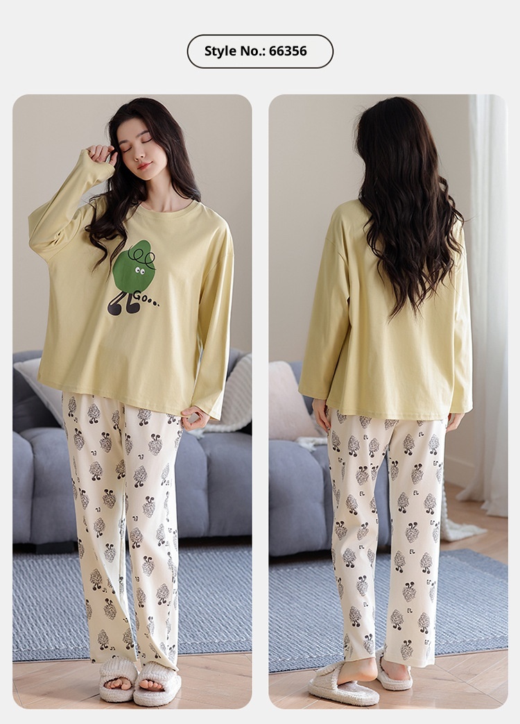 ChicShe Pyjama aus 100 % Baumwolle für Damen, Frühjahr/Herbst 2025: Neues, lässiges und lockeres Set mit Cartoon-Ärmeln, langen Hosen und Streifenmuster._voghion.com