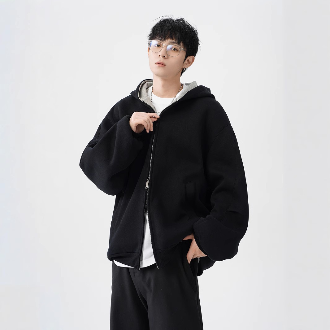 Herren-Cardigan mit doppeltem Reißverschluss, schweres Material, trendig, locker, lässig, steif, farblich abgesetzt, amerikanischer Retro-Hoodie_voghion.com