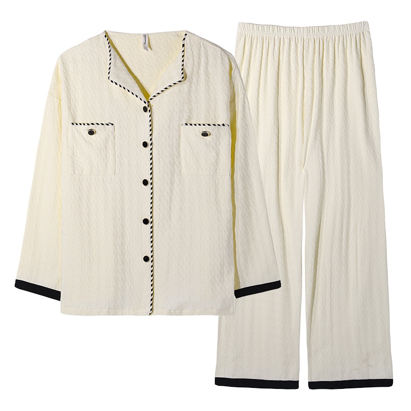 Pigiama da donna in puro cotone con motivo pied de poule ChicShe, primavera-estate, nuovo cardigan con colletto rovesciato e maniche lunghe_voghion.com