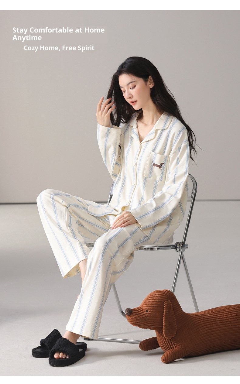 ChicShe 2025 Spring And Autumn Simple Casual Pure Cotton Women's Pajamas Sleeve Long Pants Cardigan Style Breathable Comfortable_voghion.com