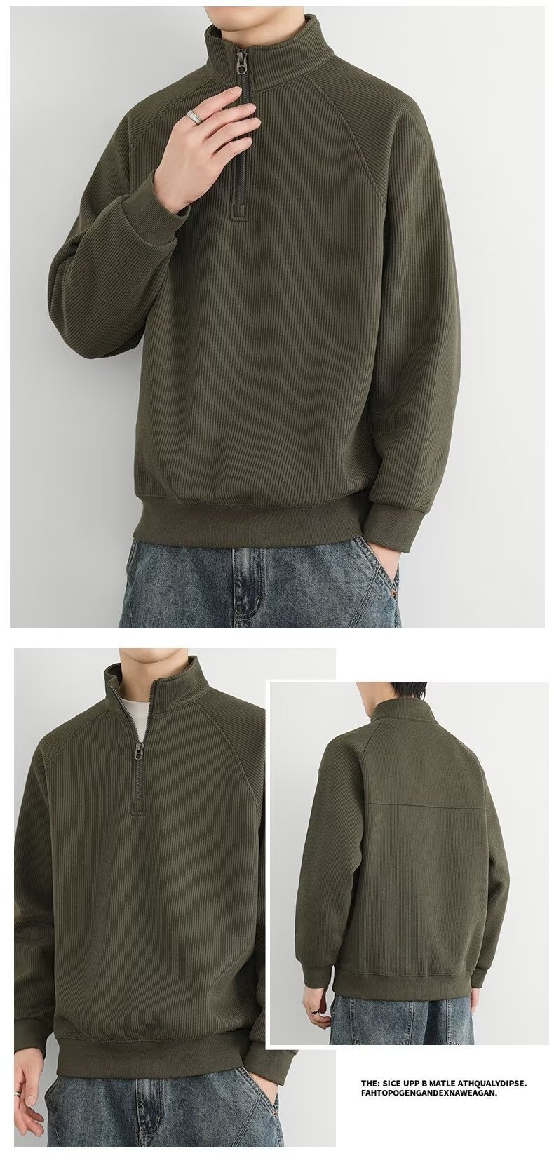 boy Boy Boy Half-Zip Stand Collar Sweatshirt Men, Spring, Autumn, Winter, American Retro Style, Fleece-Lined, Thickened, Solid_voghion.com