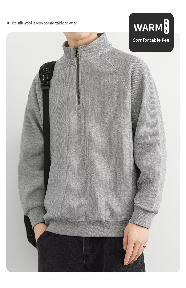 boy Boy Boy Half-Zip Stand Collar Sweatshirt Men, Spring, Autumn, Winter, American Retro Style, Fleece-Lined, Thickened, Solid_voghion.com