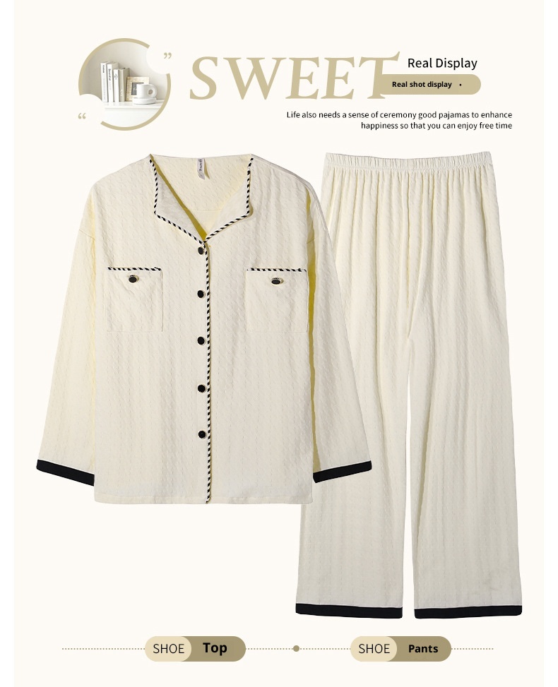 Pigiama da donna in puro cotone con motivo pied de poule ChicShe, primavera-estate, nuovo cardigan con colletto rovesciato e maniche lunghe_voghion.com