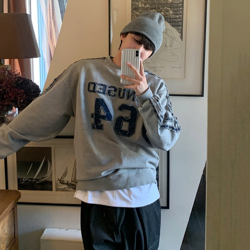 boy MYQ Letter Embroidery Crew Neck Sweatshirt Men Autumn New Loose Top Korean Style Trendy Vintage Pullover Jacket_voghion.com