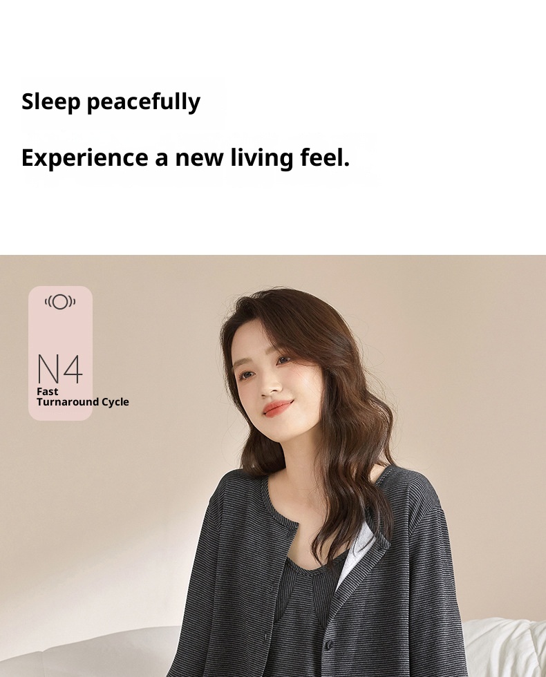 ChicShe Round Shell Three-Piece Pajamas For Women, Spring And Autumn, Pure Cotton, Long Sleeve, Camisole With Chest Pad,_voghion.com