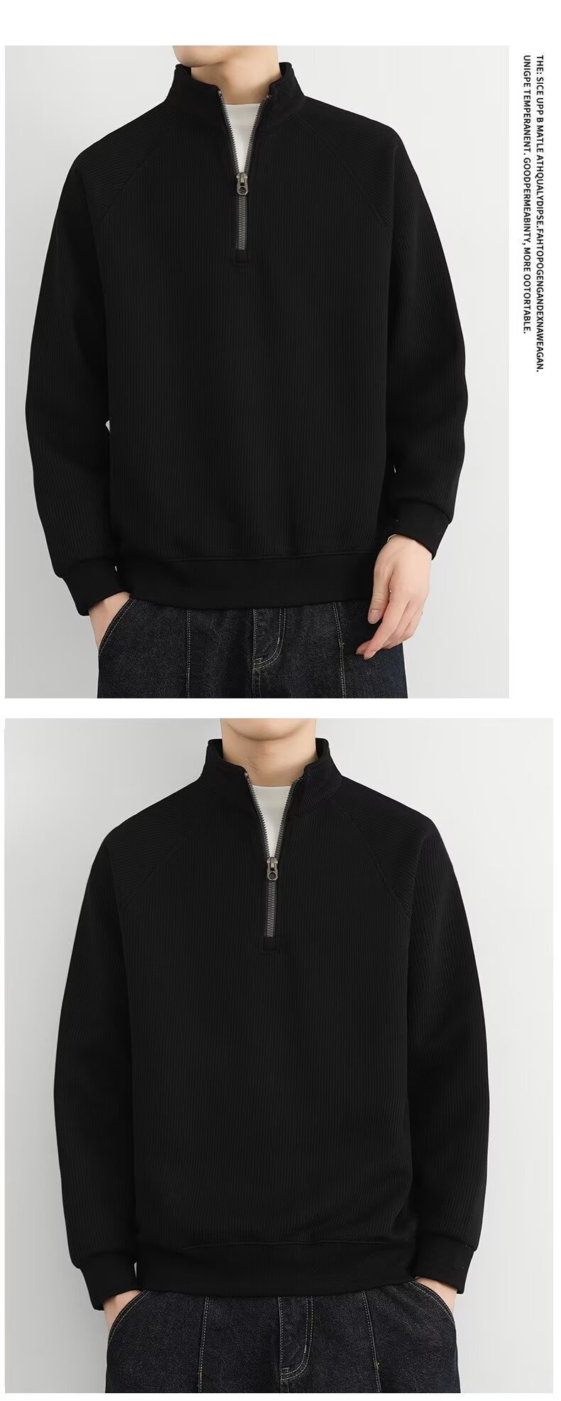 boy Boy Boy Half-Zip Stand Collar Sweatshirt Men, Spring, Autumn, Winter, American Retro Style, Fleece-Lined, Thickened, Solid_voghion.com