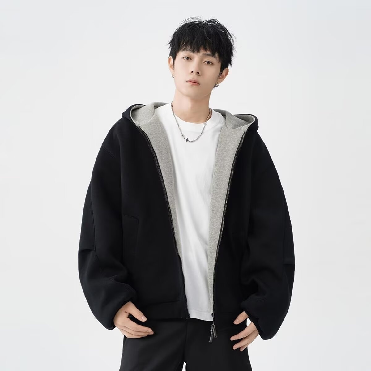 boy Boy American Style Heavyweight Double Zipper Hooded Sweatshirt For Men Spring Cool Casual Jacket Thickened Color-Block_voghion.com