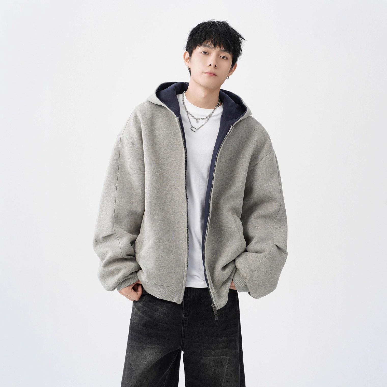 boy Boy Double Zipper Heavyweight Cardigan Sweatshirt Men's Trendy Loose Casual Stiff Color-Block American Retro Hoodie Jacket_voghion.com