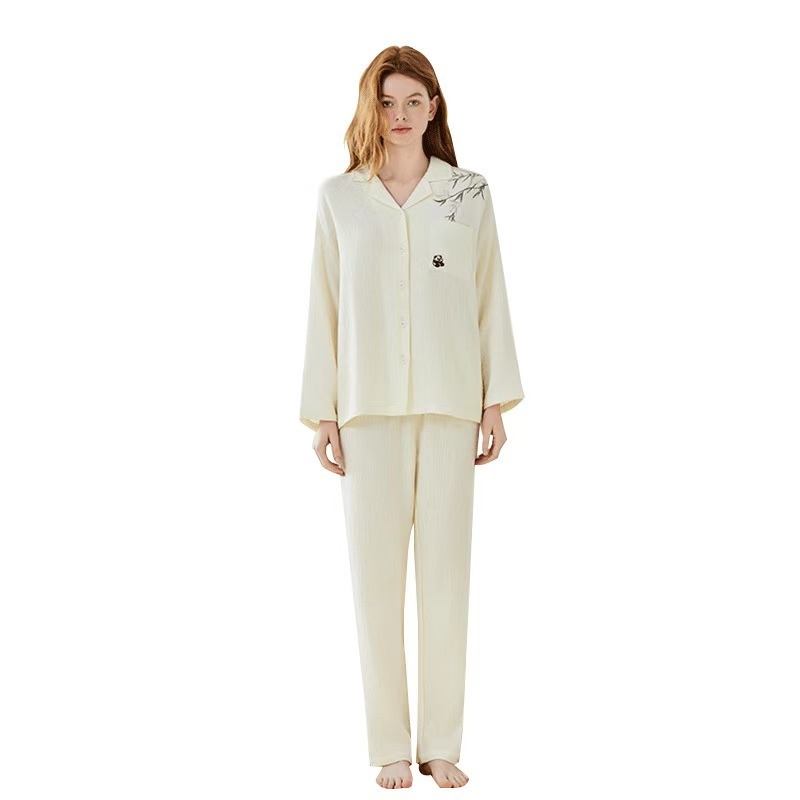 Pigiama da donna ChicShe in 100% cotone a doppio strato, manica lunga, colletto rovesciato, pigiama sottile autunnale, set da casa, adatto_voghion.com