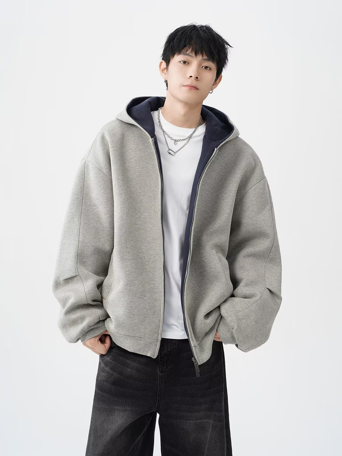 boy Boy American Style Heavyweight Double Zipper Hooded Sweatshirt For Men Spring Cool Casual Jacket Thickened Color-Block_voghion.com