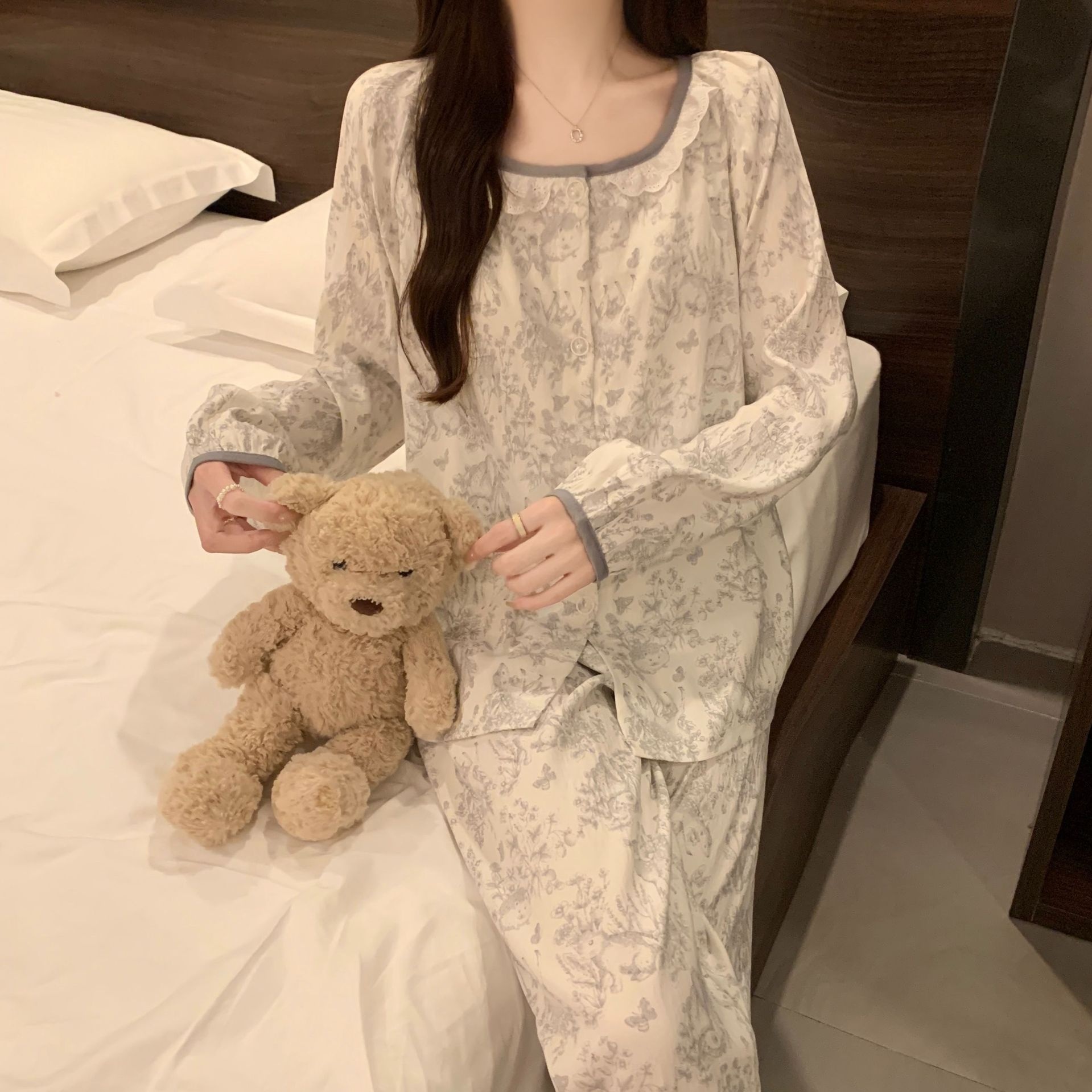 ChicShe Women's Pajamas With Chest Pads, Spring And Autumn Long Sleeve Cloud Cotton 2025 New Round Neck Cute Homewear Set,_voghion.com
