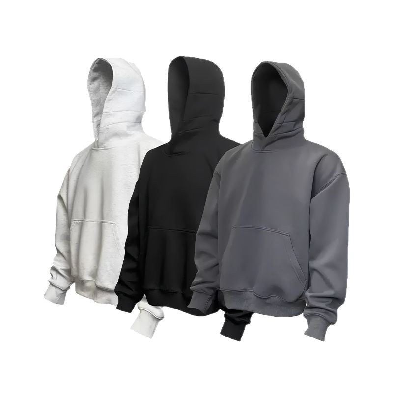 Schwarzes, kurzes, kastenförmiges Sweatshirt für Herren mit Kapuze, ideal für Frühling und Herbst. Schnitt: Amerikanischer Stil, schwere, steife Jacke mit Kapuze._voghion.com