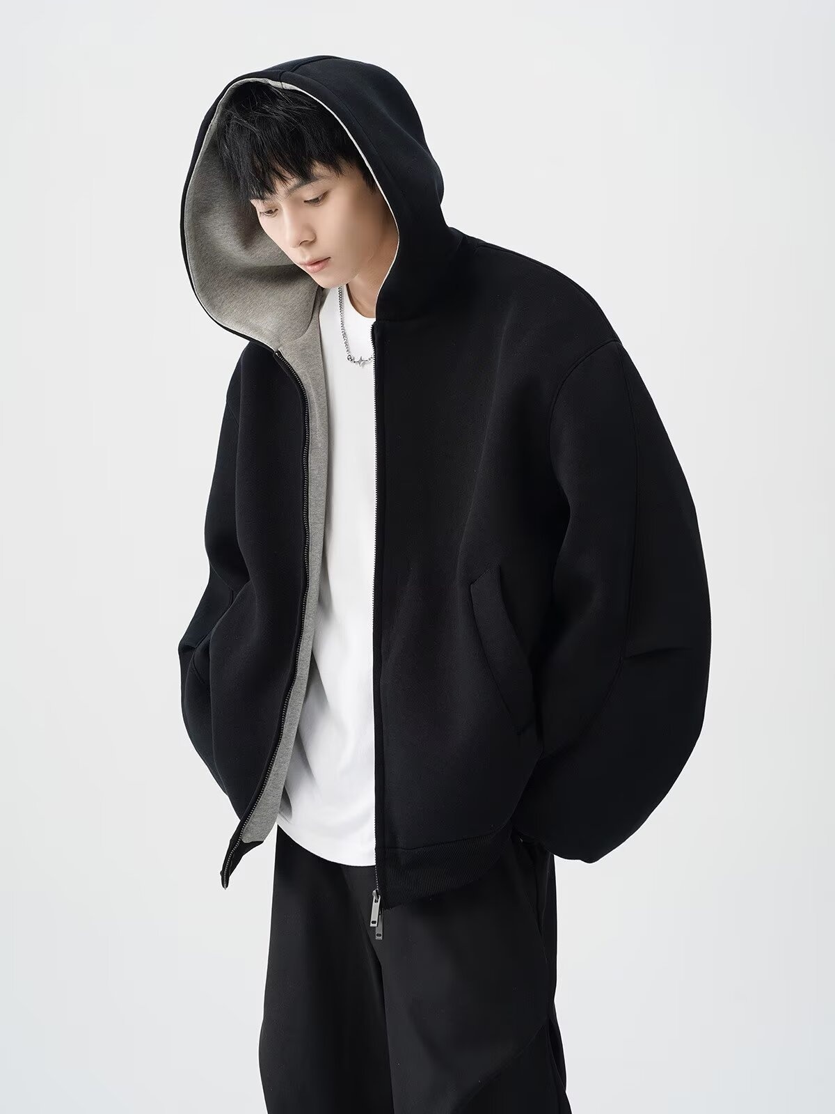 boy Boy American Style Heavyweight Double Zipper Hooded Sweatshirt For Men Spring Cool Casual Jacket Thickened Color-Block_voghion.com