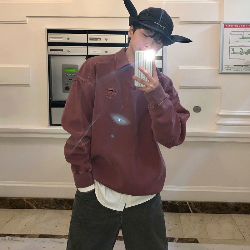 boy Boy MYQ Design Sense Turn-down Collar Pullover Sweatshirt For Men Spring Loose Embroidered Top Korean Style Trendy Long_voghion.com