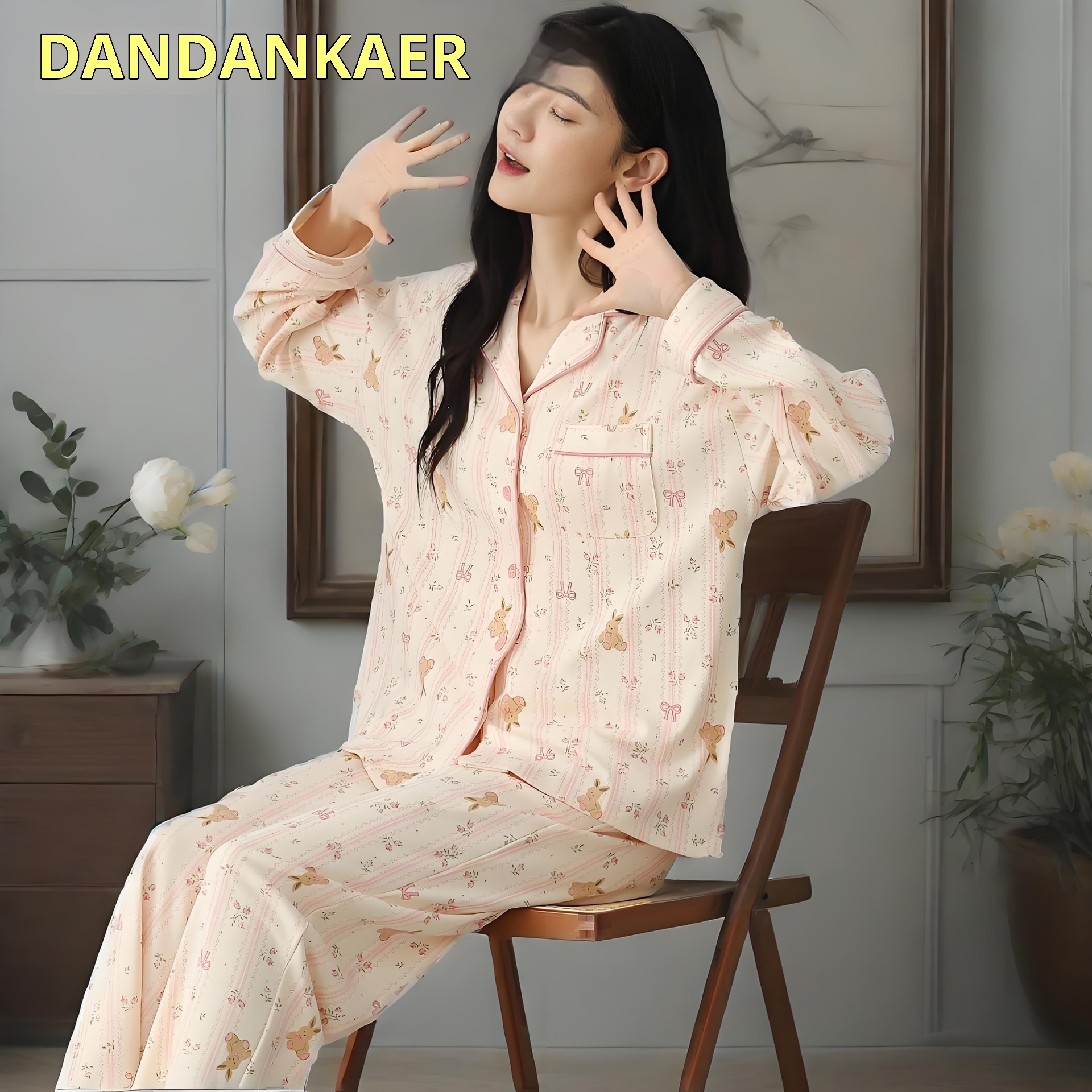 ChicShe Nuovo Pigiama in Cotone da Donna, Cardigan con Colletto Risvoltato Autunnale, Design Stampato Dolce e Carino, Adatto per Capispalla,_voghion.com