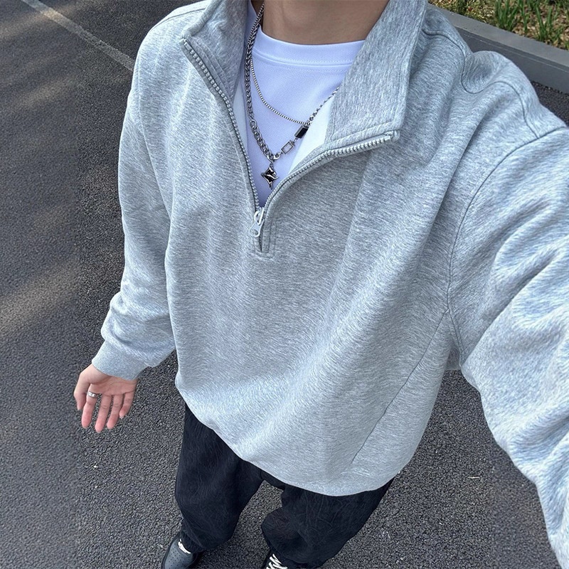 Boy Boy Boy Sweatshirt im amerikanischen Stil mit halbem Reißverschluss und Stehkragen für Herren, Frühling und Herbst, Trendmarke, schweres Material, lockere Passform_voghion.com