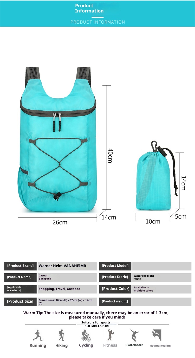 Sac à dos ActiveGo Warneheim Outdoor Sports, couleur unie, grande capacité, fermeture éclair, léger, pliable et résistant à l'eau_voghion.com