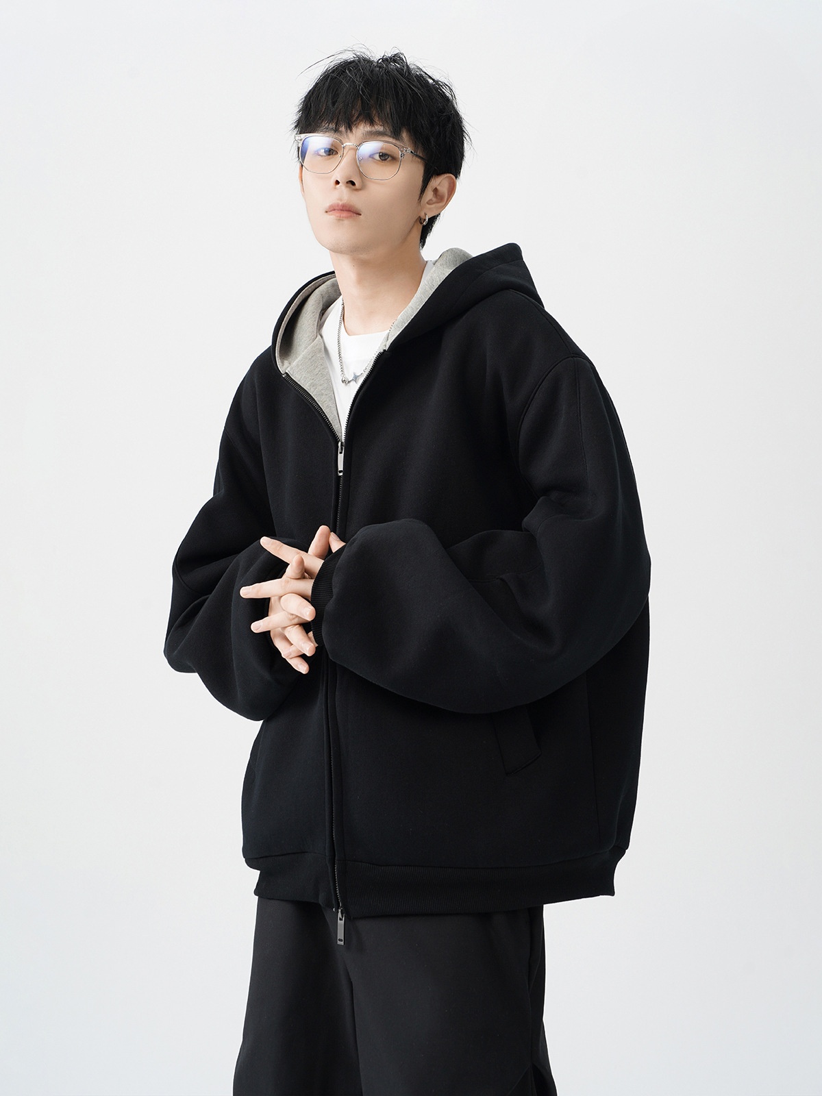 Herren-Cardigan mit doppeltem Reißverschluss, schweres Material, trendig, locker, lässig, steif, farblich abgesetzt, amerikanischer Retro-Hoodie_voghion.com