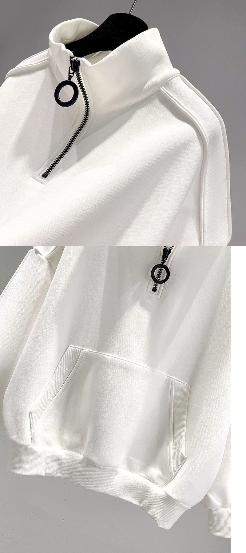 Felpa con cappuccio nera da uomo con mezza zip, giacca retrò americana con cappuccio e colletto rialzato primaverile, abbigliamento da uomo alla moda in stile street di fascia alta_voghion.com