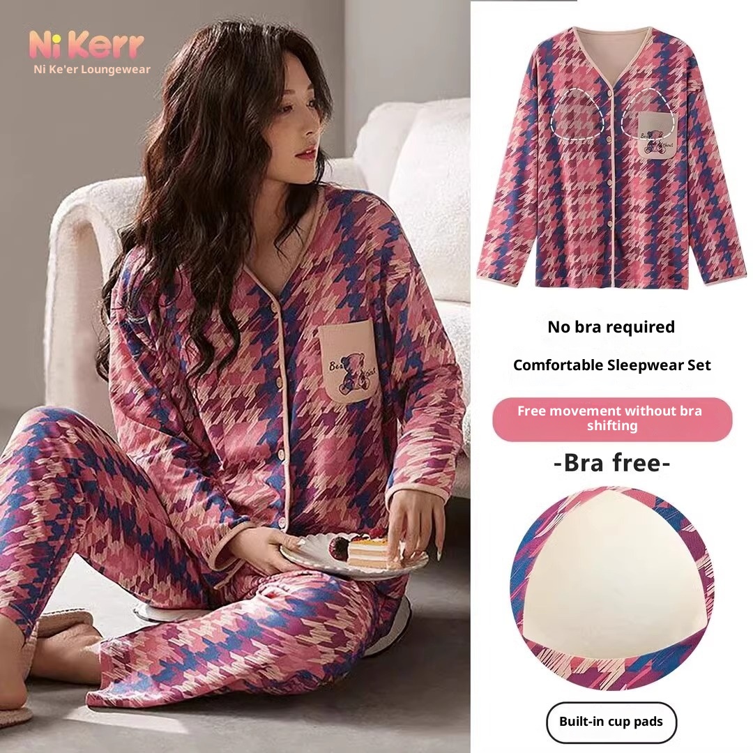 ChicShe Winter Langarmpyjama mit Brustpolstern für Damen, lockere Passform, süße Strickjacke, Übergröße, zweiteiliges Herbst-Homewear-Set_voghion.com