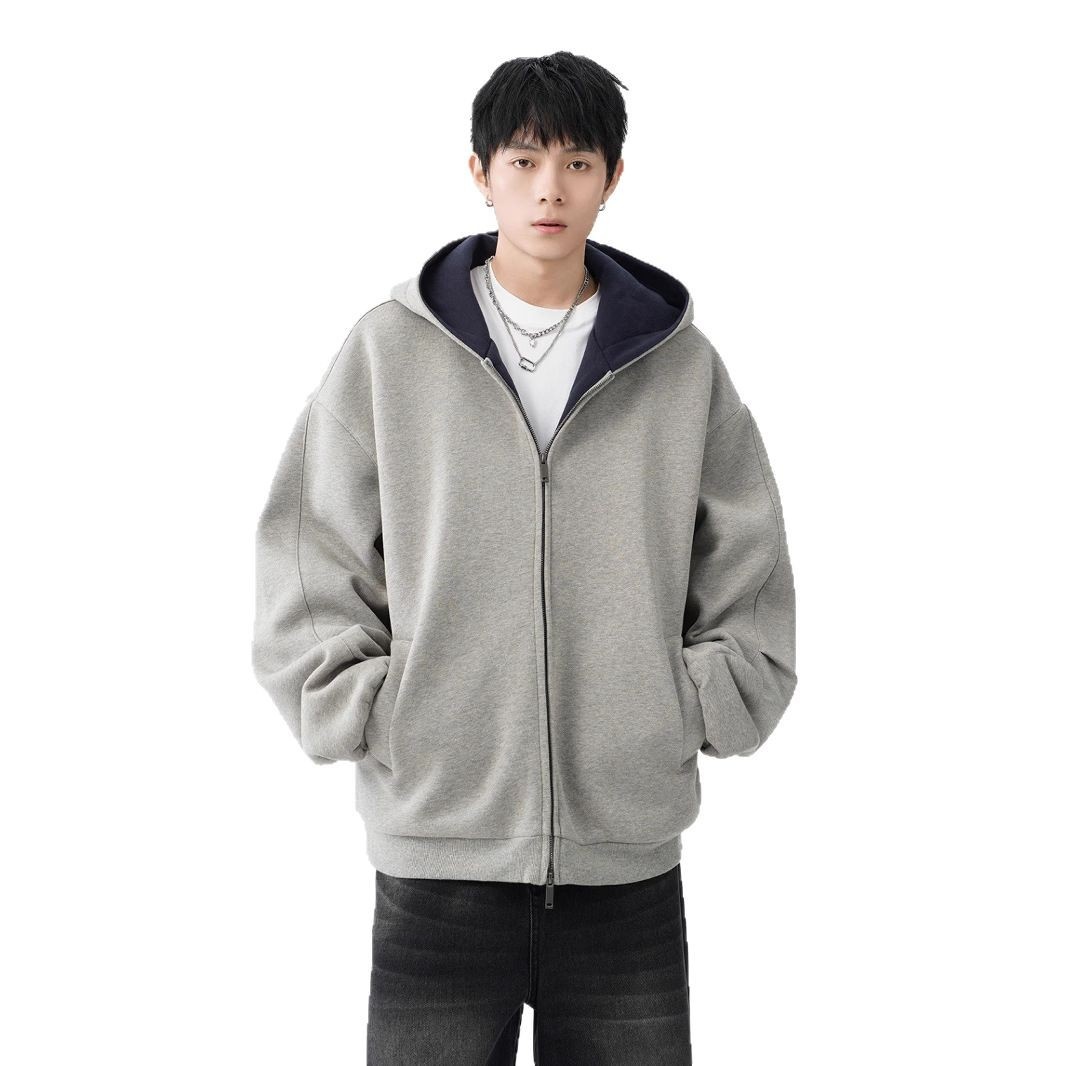 Herren-Cardigan mit doppeltem Reißverschluss, schweres Material, trendig, locker, lässig, steif, farblich abgesetzt, amerikanischer Retro-Hoodie_voghion.com