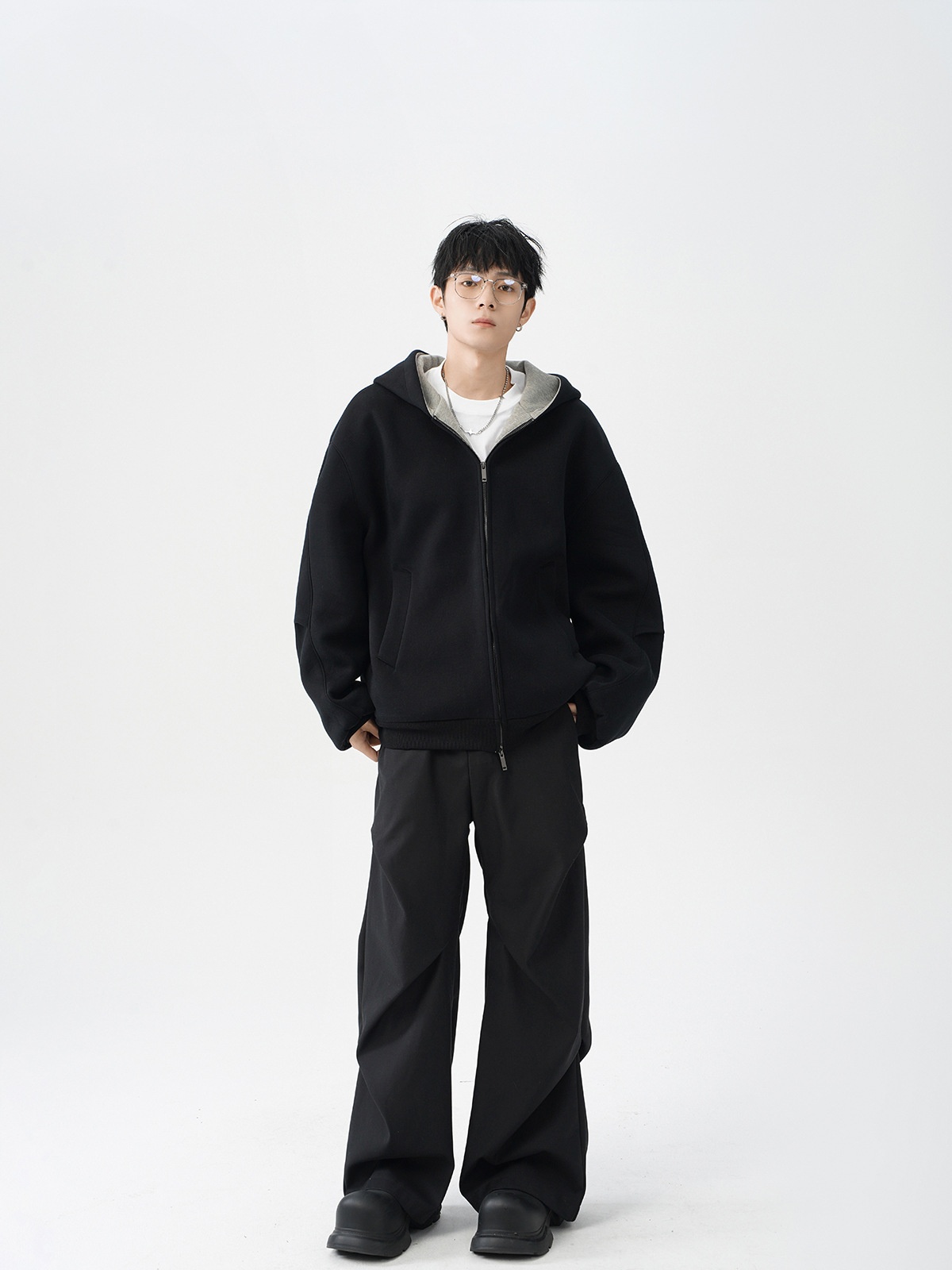 boy Boy Double Zipper Heavyweight Cardigan Sweatshirt Men's Trendy Loose Casual Stiff Color-Block American Retro Hoodie Jacket_voghion.com