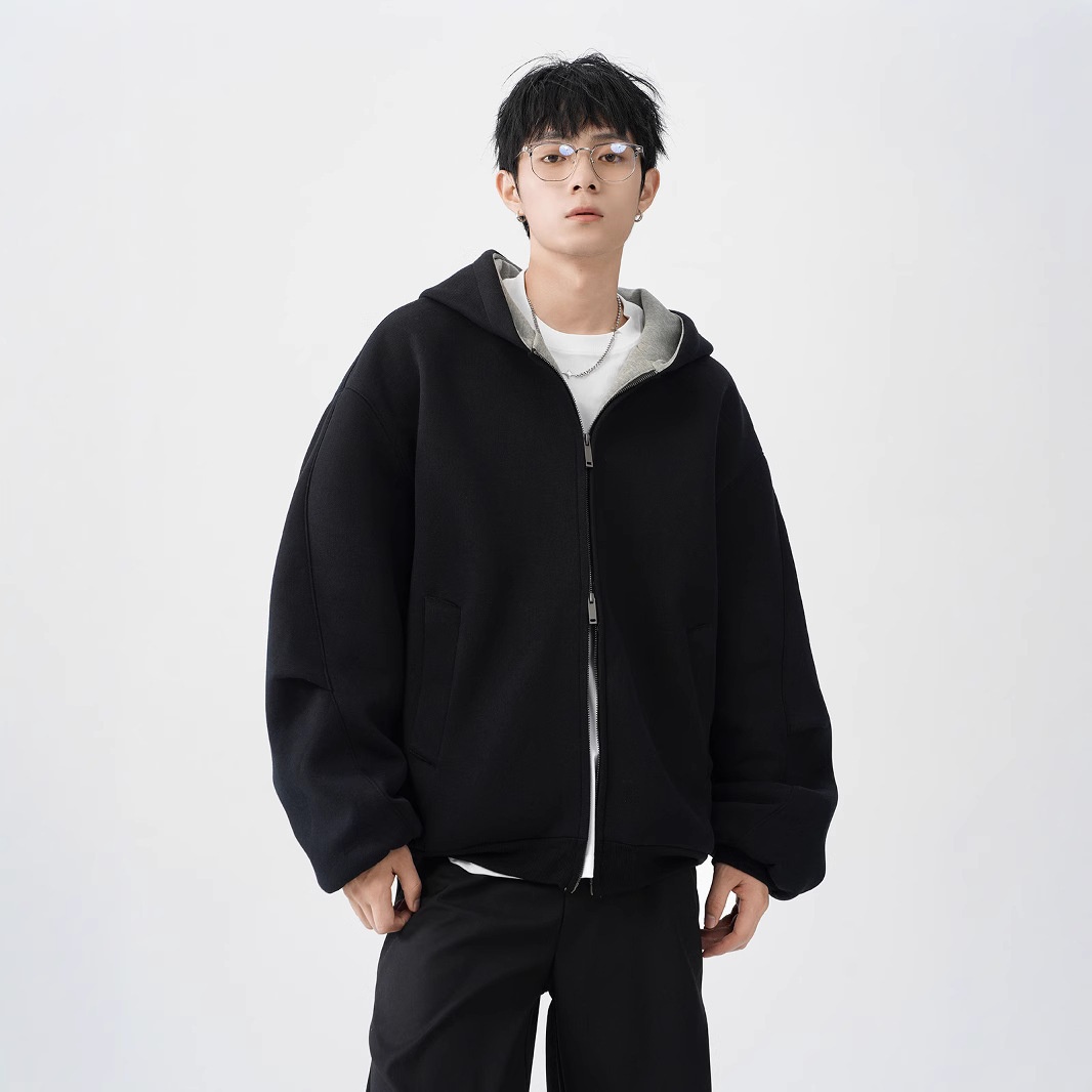 Herren-Cardigan mit doppeltem Reißverschluss, schweres Material, trendig, locker, lässig, steif, farblich abgesetzt, amerikanischer Retro-Hoodie_voghion.com