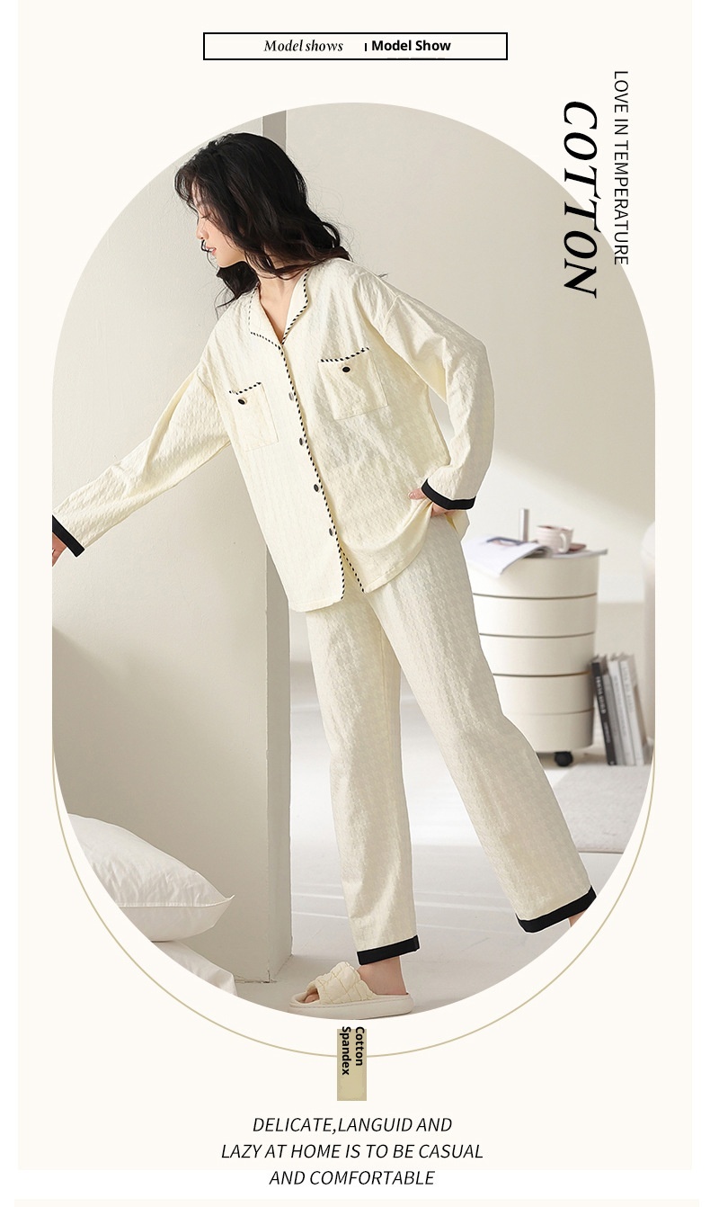 Pigiama da donna in puro cotone con motivo pied de poule ChicShe, primavera-estate, nuovo cardigan con colletto rovesciato e maniche lunghe_voghion.com