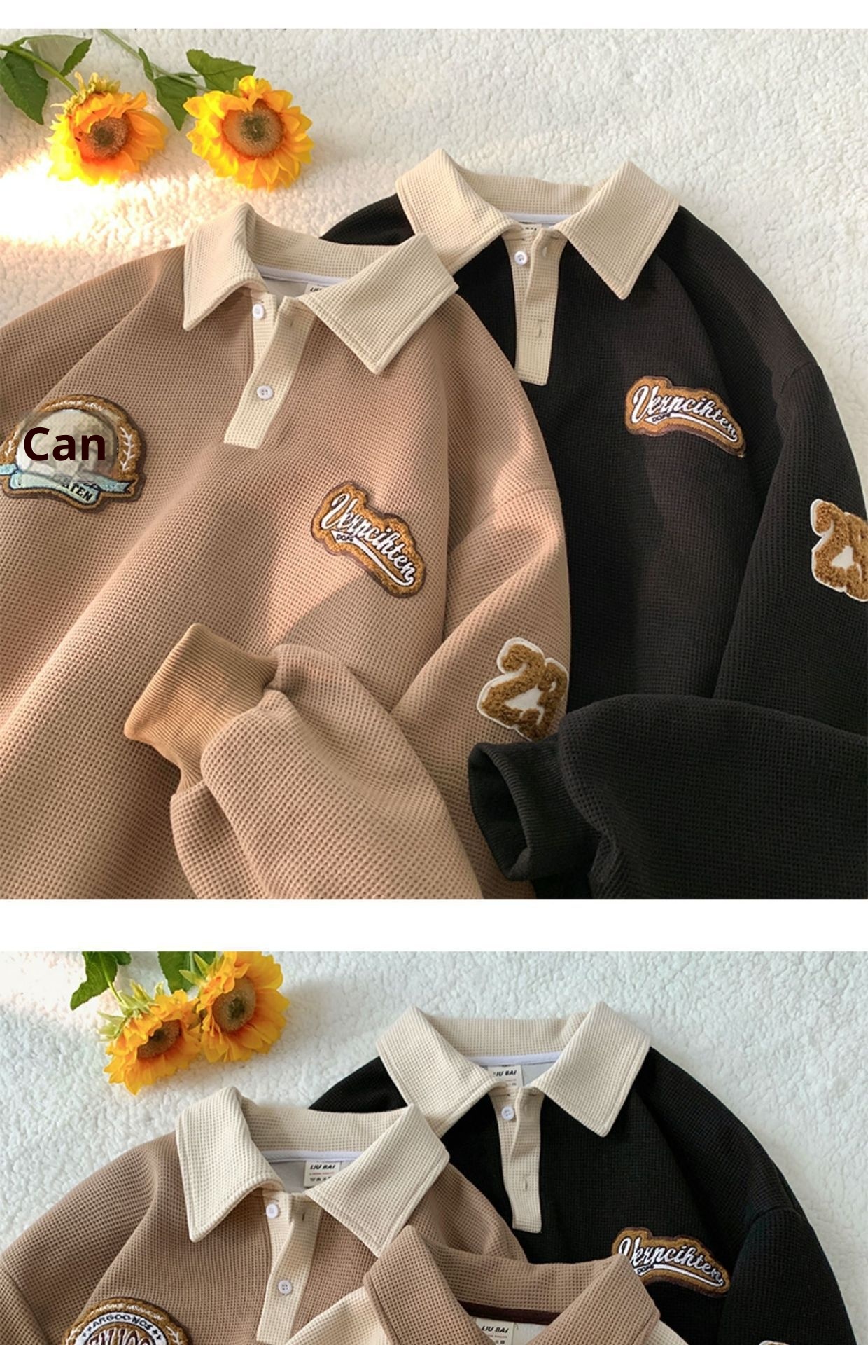 boy Boy Waffle Polo Sweatshirt For Men Spring Autumn Ins Trendy Brand Embroidered Turn-down Collar American Retro Heavyweight_voghion.com