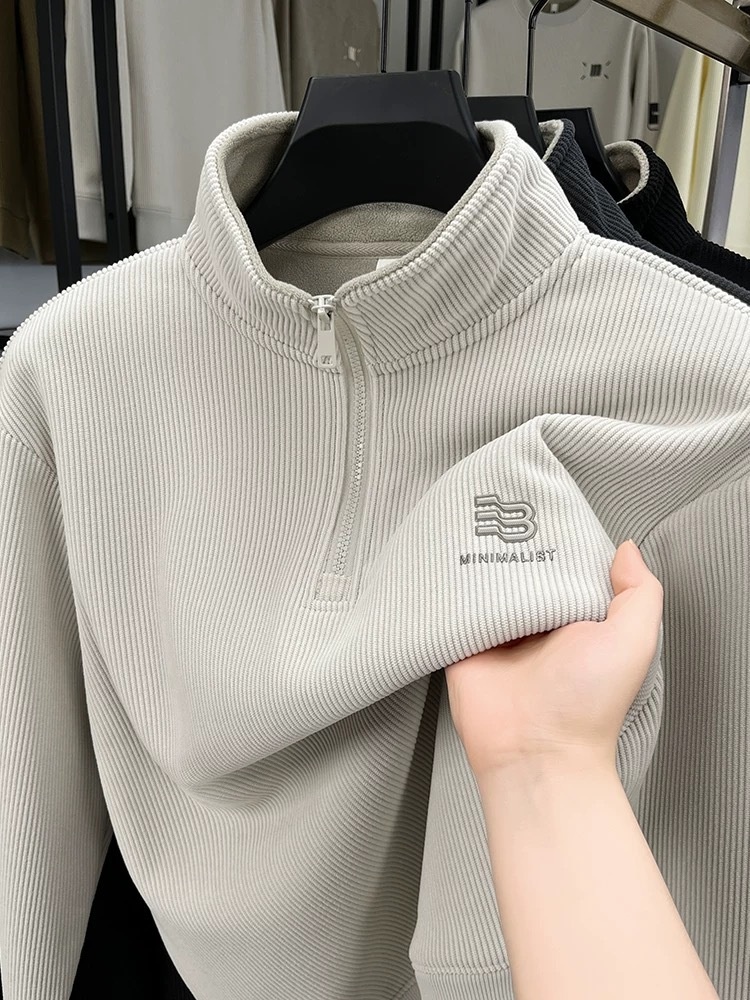 boy Boy Boy 2025 Neues Herren-Langarmshirt mit halbem Reißverschluss, sandfarbenem Kragen und Sweashir-Oberteil, warm gefüttert, für Frühling und Herbst_voghion.com