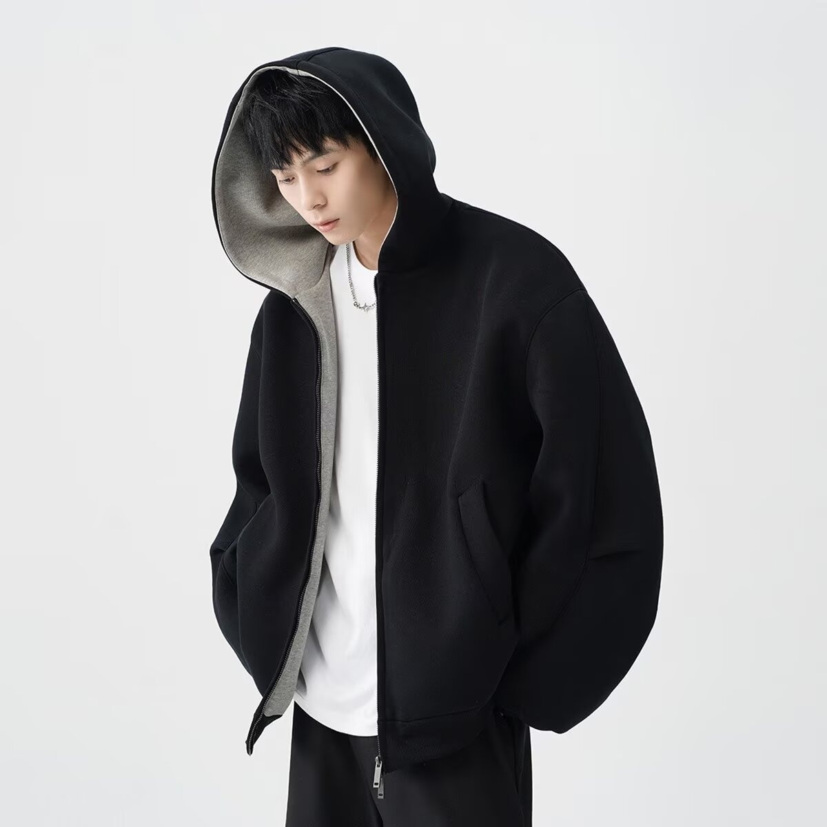 boy Boy American Style Heavyweight Double Zipper Hooded Sweatshirt For Men Spring Cool Casual Jacket Thickened Color-Block_voghion.com