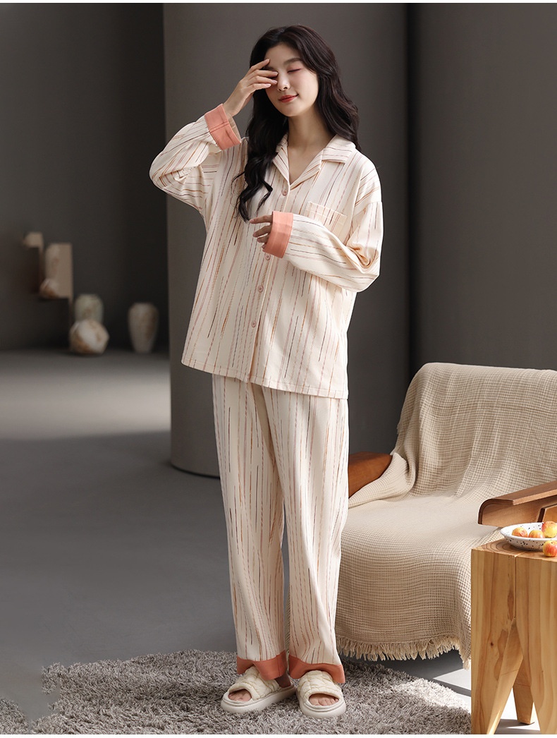 ChicShe Women's Cotton Pajamas With Chest Pads, Autumn New Sleeve Long Pants Cardigan Set, Suitable For Outdoor Wear, Casual_voghion.com