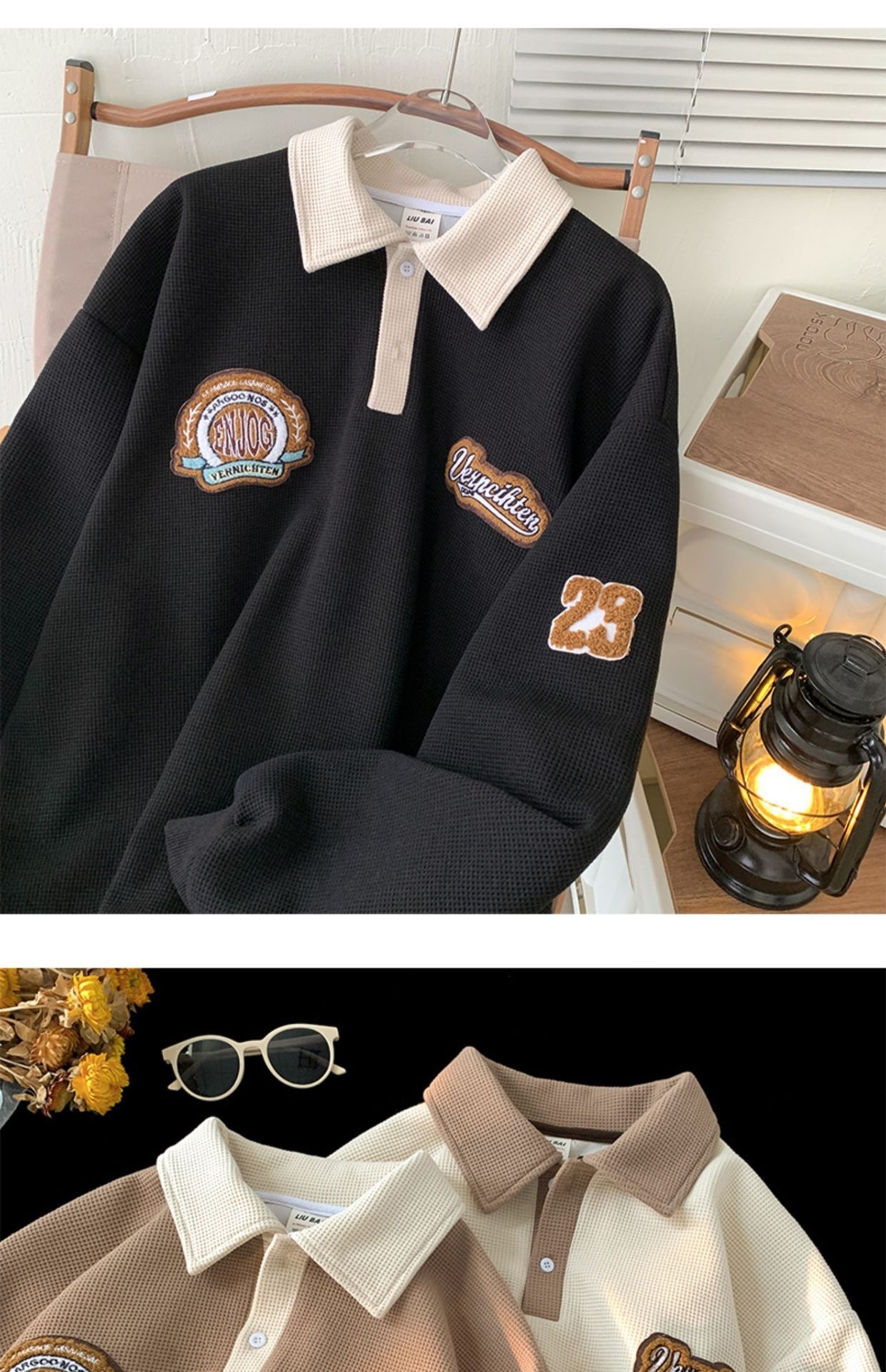 boy Boy Waffle Polo Sweatshirt For Men Spring Autumn Ins Trendy Brand Embroidered Turn-down Collar American Retro Heavyweight_voghion.com