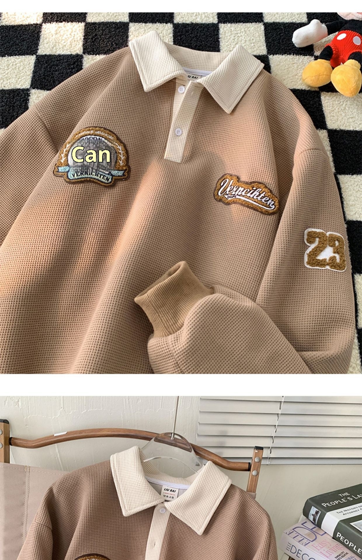 boy Boy Waffle Polo Sweatshirt For Men Spring Autumn Ins Trendy Brand Embroidered Turn-down Collar American Retro Heavyweight_voghion.com