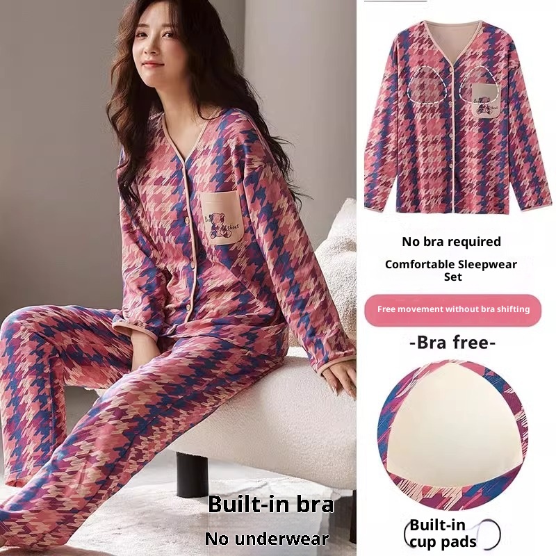 ChicShe Winter Langarmpyjama mit Brustpolstern für Damen, lockere Passform, süße Strickjacke, Übergröße, zweiteiliges Herbst-Homewear-Set_voghion.com