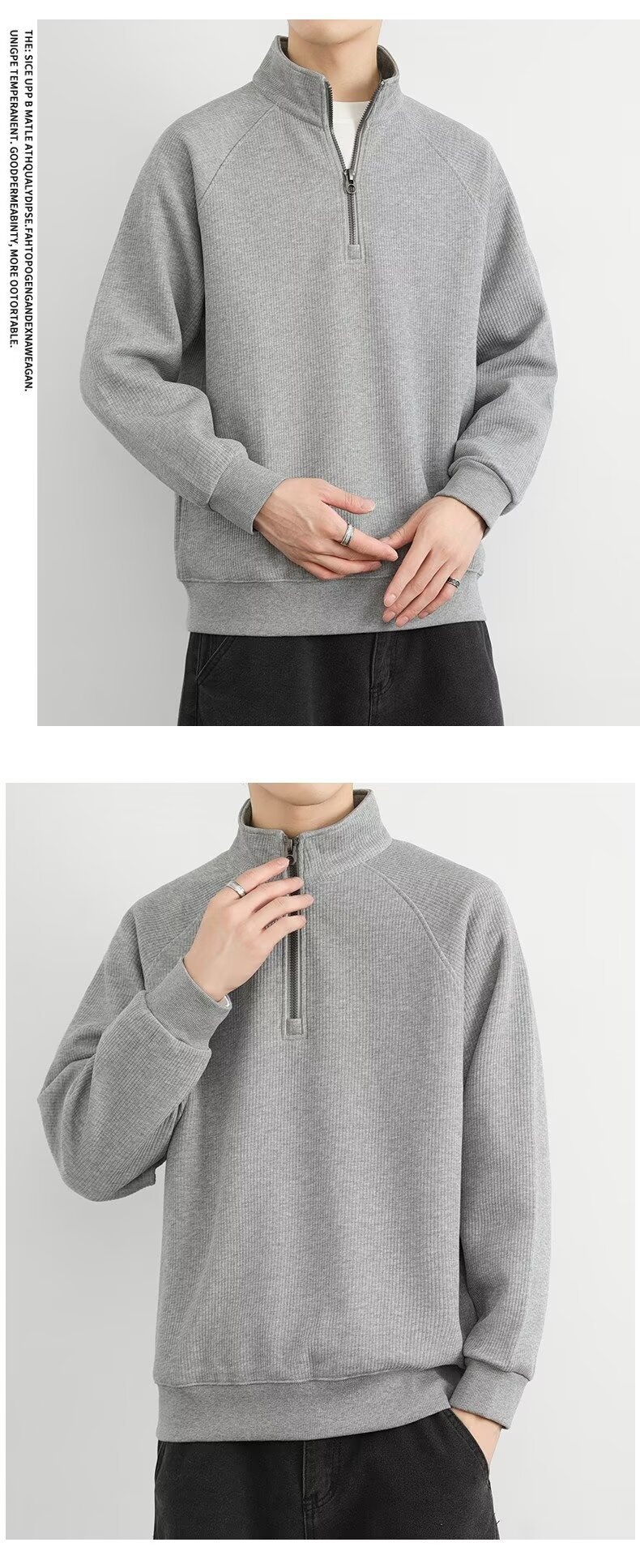 boy Boy Boy Half-Zip Stand Collar Sweatshirt Men, Spring, Autumn, Winter, American Retro Style, Fleece-Lined, Thickened, Solid_voghion.com