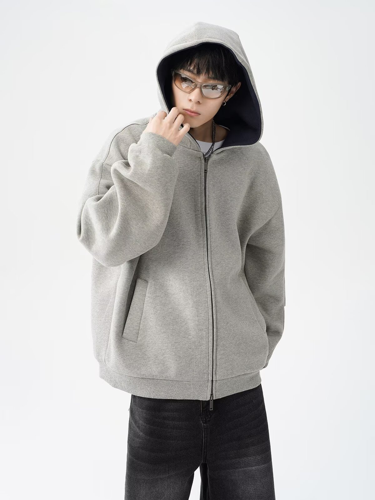 boy Boy American Style Heavyweight Double Zipper Hooded Sweatshirt For Men Spring Cool Casual Jacket Thickened Color-Block_voghion.com