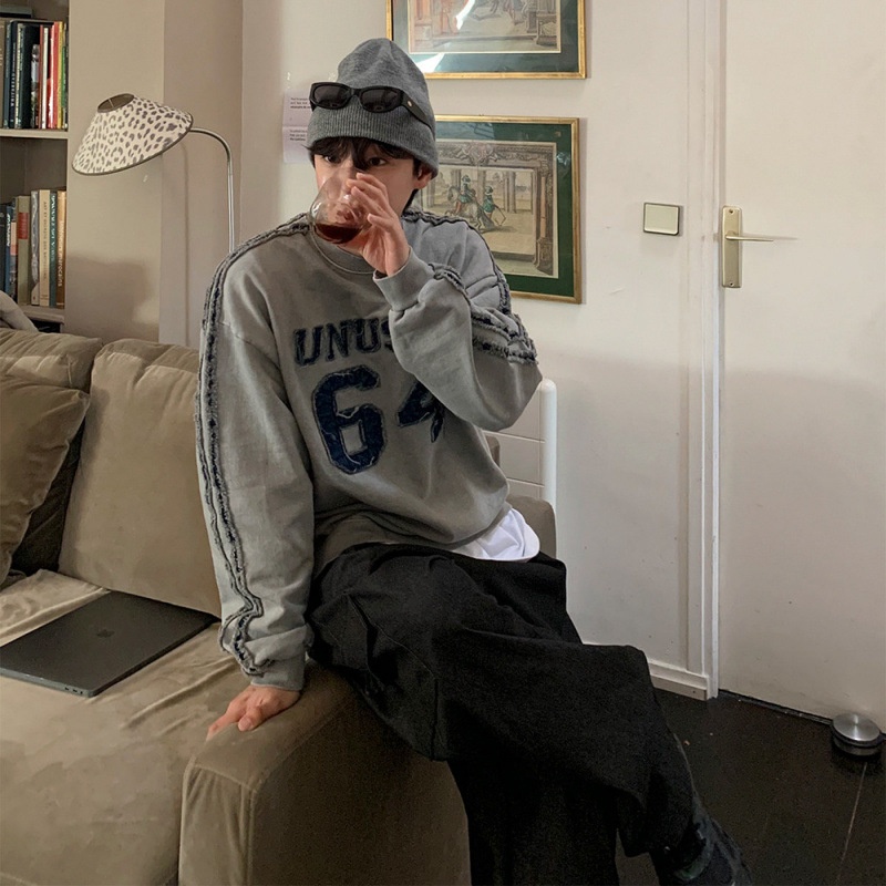 boy MYQ Letter Embroidery Crew Neck Sweatshirt Men Autumn New Loose Top Korean Style Trendy Vintage Pullover Jacket_voghion.com