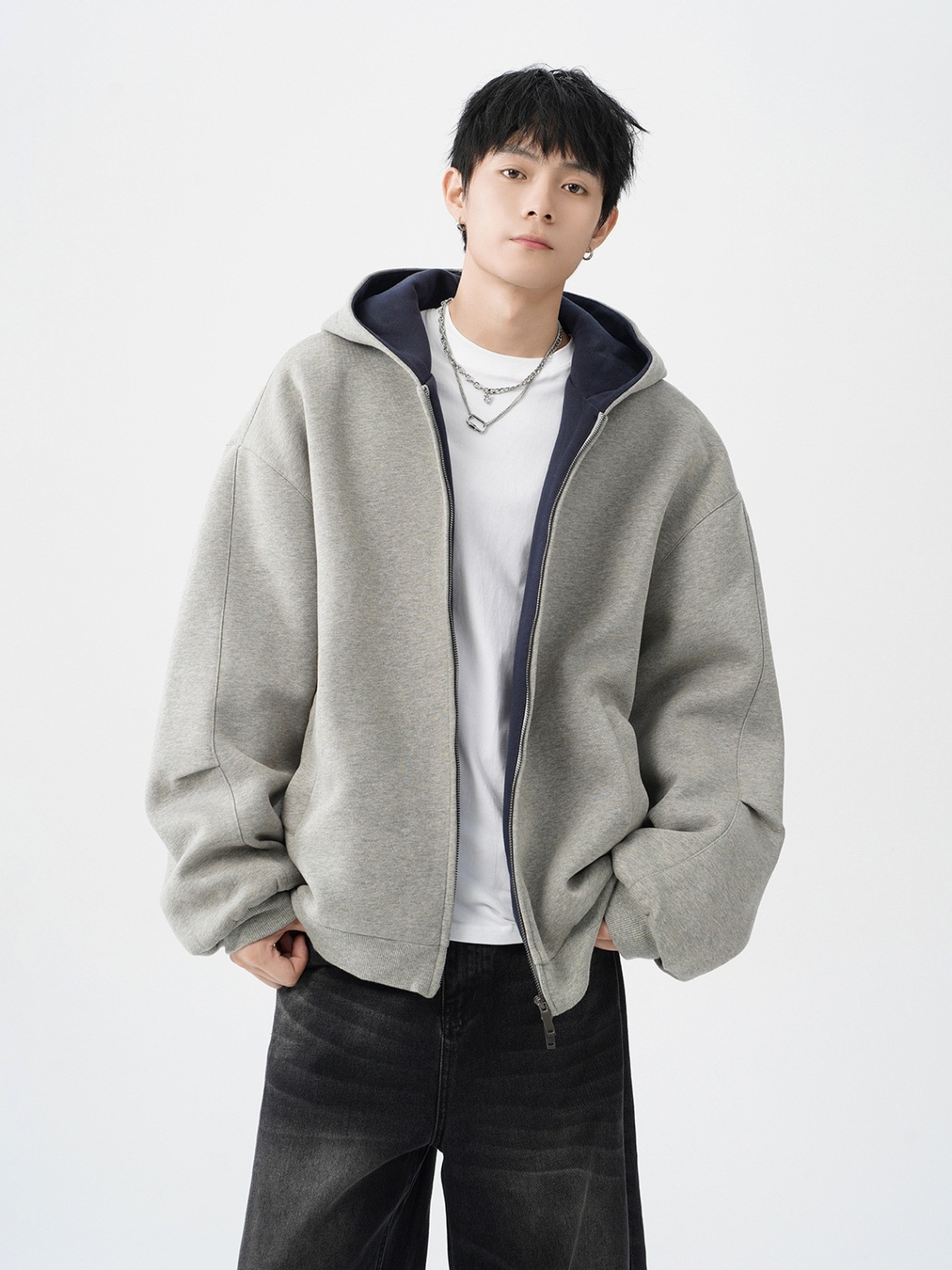 Herren-Cardigan mit doppeltem Reißverschluss, schweres Material, trendig, locker, lässig, steif, farblich abgesetzt, amerikanischer Retro-Hoodie_voghion.com