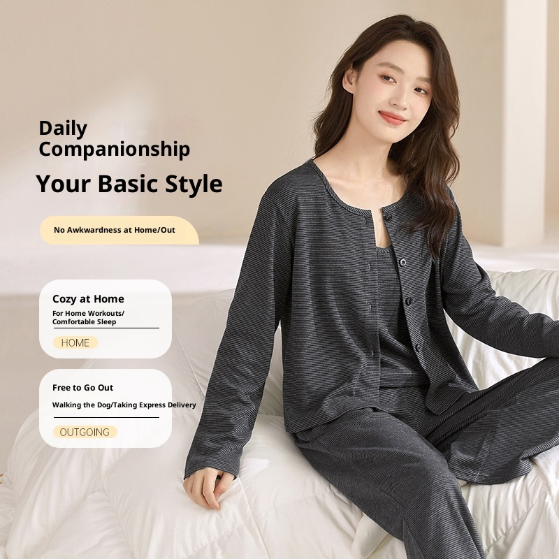 ChicShe Round Shell Three-Piece Pajamas For Women, Spring And Autumn, Pure Cotton, Long Sleeve, Camisole With Chest Pad,_voghion.com